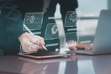 Engineer working on laptop, deep analysis, and program development, using Python code for deep learning and real-time data analysis, focusing on automation and innovation in AI technology.