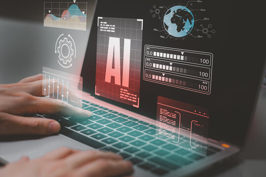 Engineer working on laptop, deep analysis, and program development, using Python code for deep learning and real-time data analysis, focusing on automation and innovation in AI technology.
