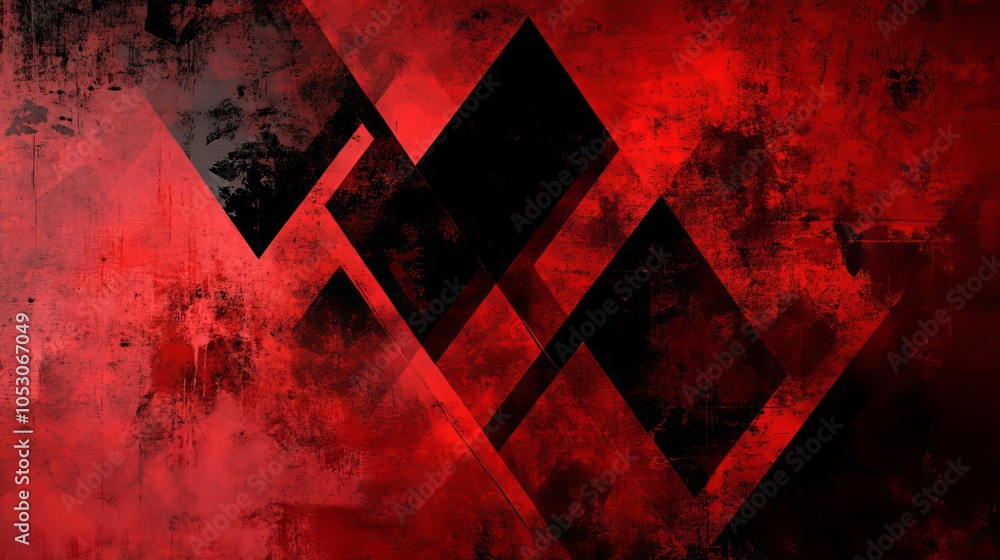 Poster abstract red background with black grunge borders, geometric triangle shapes in transparent red laye