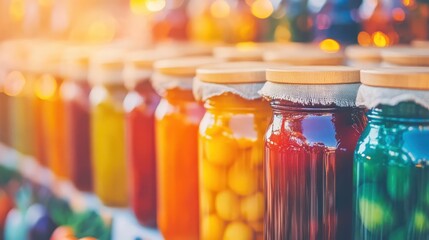 Rows of colorful jars filled with preserved fruits and vegetables, displayed under warm sunlight, evoking a cozy and artisanal feel.