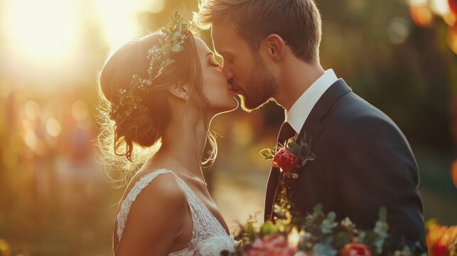 Tender moment of groom kissing sweetheart bride at wedding ceremony, expressing love and commitment. Romance and marriage.