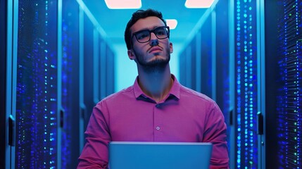 Young Man Holding Laptop in Data Center Environment