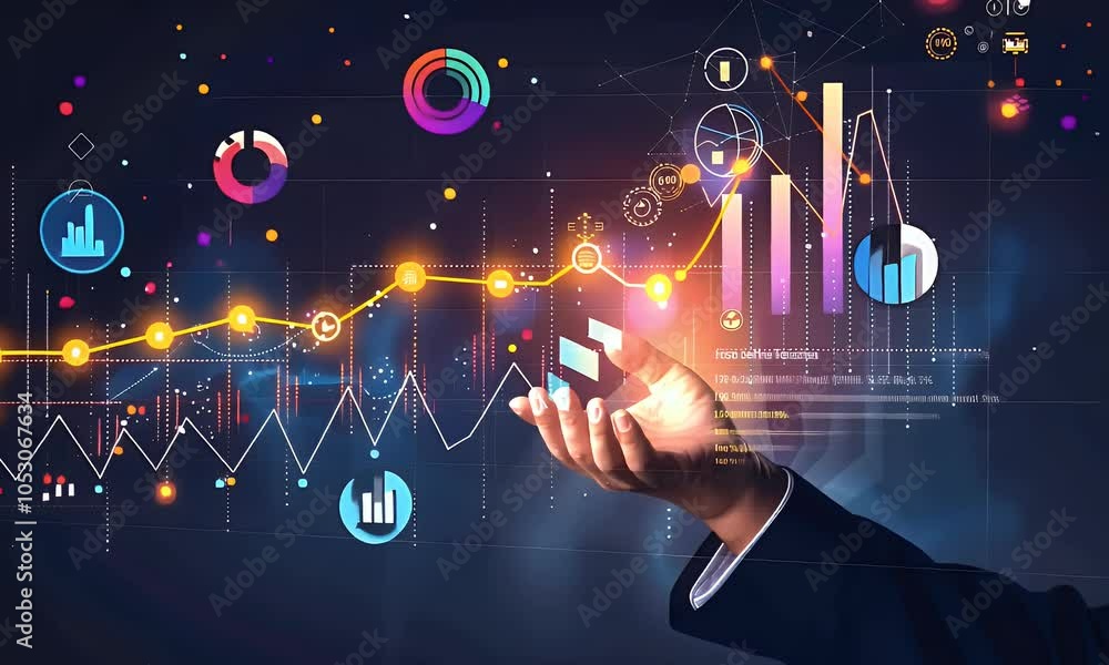 Poster a businessman holding up an upward trending graph with data points on it, representing stock market 