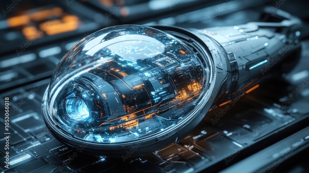 Poster futuristic spacecraft with a transparent dome and glowing elements.