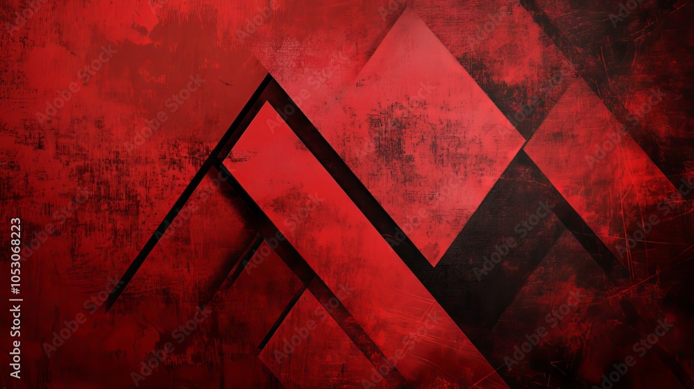 Poster abstract red background with black grunge borders, geometric triangle shapes in transparent red laye