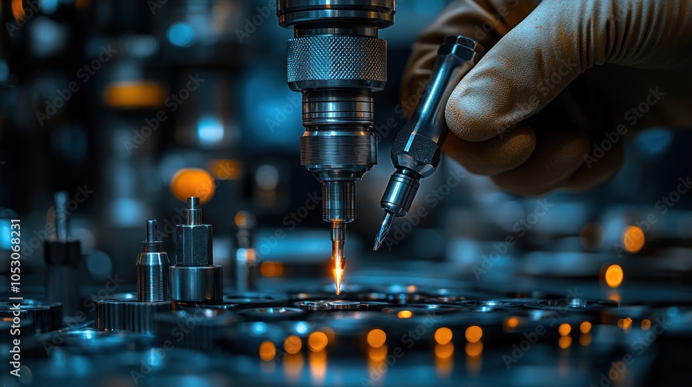 Aufkleber close-up of a precision tool working on mechanical components.