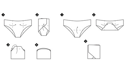 Instructions on how to fold panties. Black and white line art step-by-step illustration. Life hack about clothes.