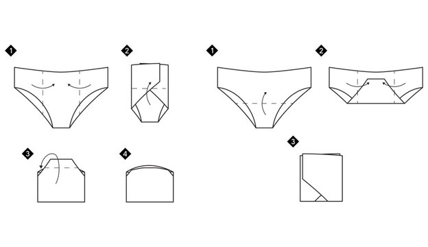 Instructions on how to fold panties. Black and white line art step-by-step illustration. Life hack about clothes.