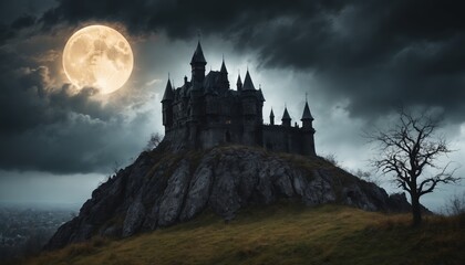 Obraz premium Mysterious castle atop a hill illuminated by moonlight under a dramatic night sky with swirling clouds