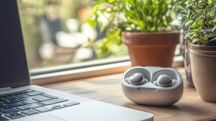 Modern Earbuds on Desk Near Laptop and Plants