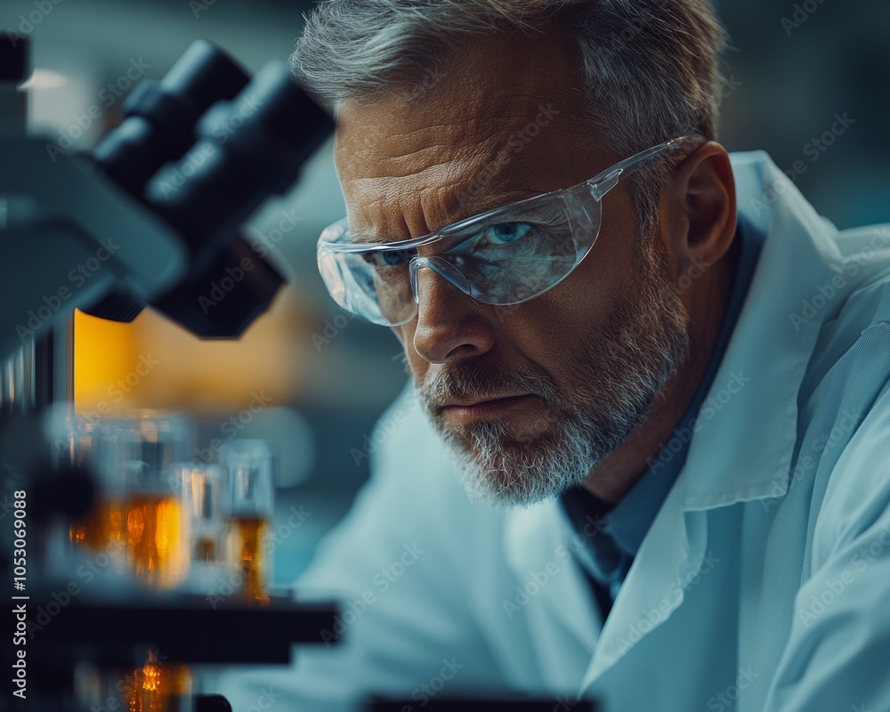 Poster focused senior microbiologist examining samples in a modern laboratory setting – perfect for world h