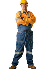 Fototapeta premium Full body of male construction worker in yellow hard hat and orange work shirt isolated on white.
