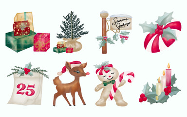 set of christmas elements with watercolor