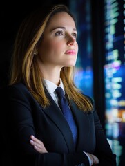 Fototapeta premium Empowering growth a professional woman analyzing data on a transparent screen in a modern business environment