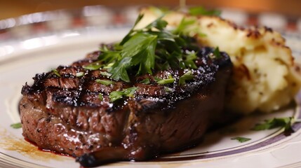 Perfectly Seared Medium-Rare Steak with Creamy Potato Mash