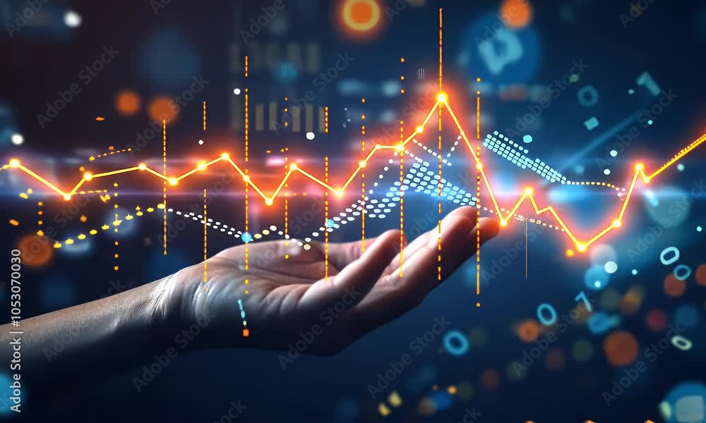 Poster a businessman holding up an upward trending graph with data points on it, representing stock market 
