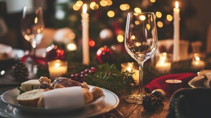 Fototapeta premium Cozy Festive New Year Eve Dinner Table Setup