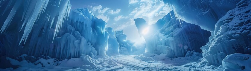 A majestic ice castle built on a glacier with detailed carvings