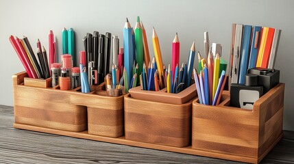 Fototapeta premium A wooden organizer filled with various writing and drawing tools.