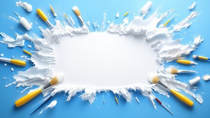 Creative splash of white paint with brushes on a blue background, ideal for art promotions or creative projects.