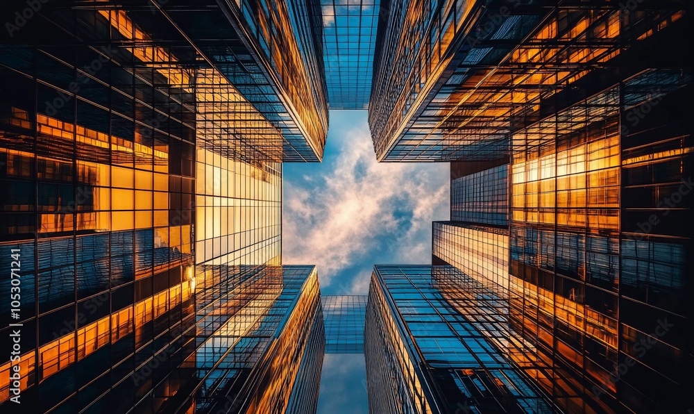 Aufkleber A low angle view of towering glass buildings in a city skyline. The buildings frame a view of the sky with clouds.