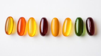 Colorful capsules of multivitamins arranged neatly in a row, colorful capsules, symbolizing structured daily nutrition, 3D illustration