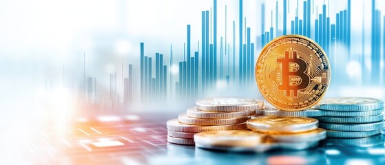 Digital currency trends with realistic Bitcoin coin in focus, representing investment and finance in the cryptocurrency market.