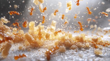 Ants Scattering Over Sugar Crystals in Dynamic Motion