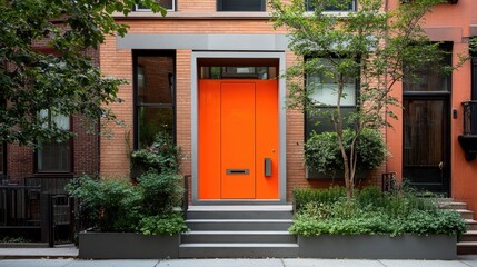 Bright Orange Door with Lush Greenery Surrounding
