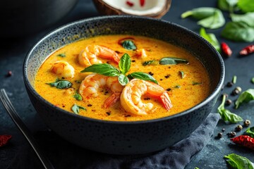 Spicy coconut prawn soup with chili and curry flavor.