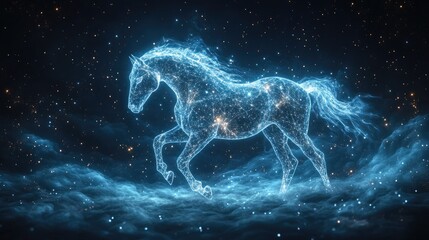 A glowing, ethereal horse gallops through a starry night sky, its form made of swirling light and dust.