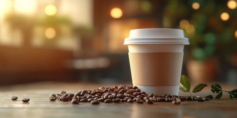 White coffee cup with a lid, scattered roasted coffee beans, soft blurred backdrop, inviting coffee ambiance