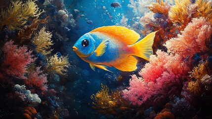 Bright reef fish swimming through a coral reef surrounded by aquatic plants and the tide gently stirring the colorful corals and anemones in a lively and diverse marine ecosystem