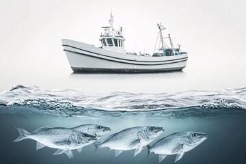 Fototapeta premium Fishing Boat Above the Water, Fish Swimming Below