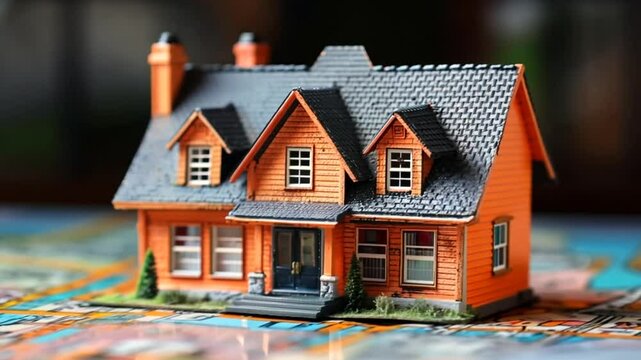A vibrant orange model house stands proudly on a colorful game board, symbolizing property ownership as players engage in a fun family game night, deep in strategy and laughter