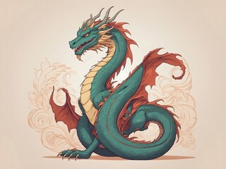 Fototapeta premium Hand-Drawn Full Body Dragon in a Coiled Pose, Perfect for Storybook Illustrations