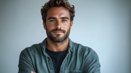 Portrait of a Young Man with Wavy Brown Hair and a Beard Wearing a Green Shirt, Smiling Calmly in a Bright Modern Interior with a Softly Blurred Background