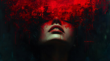 Abstract Surreal Portrait of a Woman with Vibrant Red Textures Obscuring Her Eyes, Featuring Emotional Depth and Dramatic Lighting in a Conceptual Style