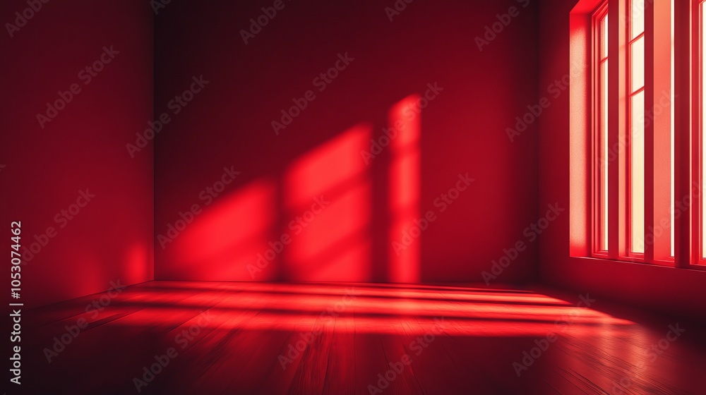 Poster attractive ruby red room 3d background with low light and vignette effect, dramatic interior design 