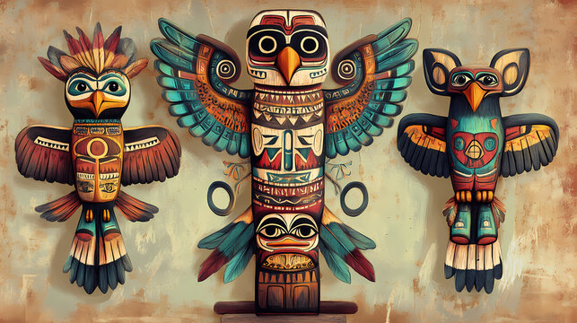 Native american totem pole featuring animal spirits, showcasing vibrant colors and intricate designs. Native American Totem Poles. Illustration