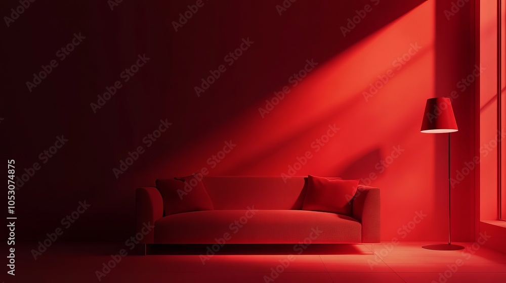 Poster attractive ruby red room 3d background with low light and vignette effect, dramatic interior design 