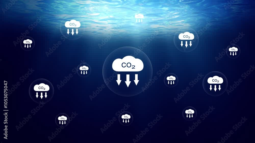 Poster underwater sea with carbon dioxide icons loop animation.