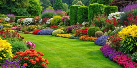 Obraz premium A beautifully manicured lawn is framed by a vibrant border of colorful flowers and shrubs, lawn borders, flower borders