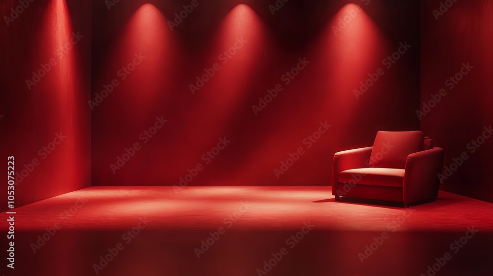 Poster attractive ruby red room 3d background with low light and vignette effect, dramatic interior design 