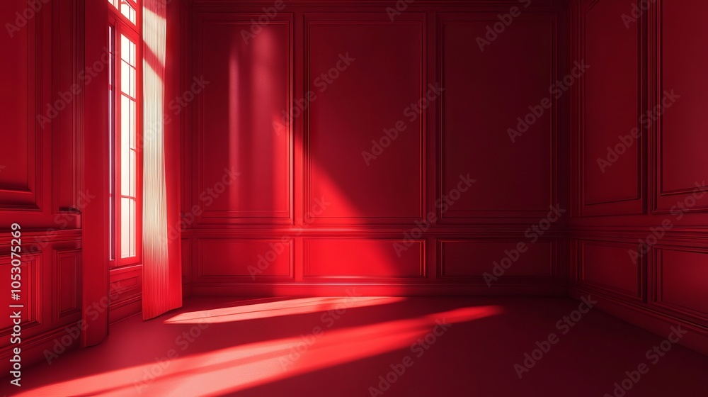 Poster attractive ruby red room 3d background with low light and vignette effect, dramatic interior design 