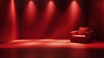 Attractive ruby red room 3d background with low light and vignette effect, dramatic interior design with bold red tones