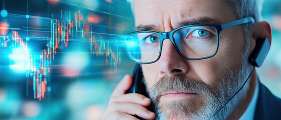 Focused businessman analyzing data while on a phone call, surrounded by graphs and digital elements, showcasing modern technology.