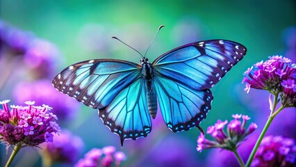 Obraz premium A beautiful turquoise butterfly perched on a vibrant purple flower, wing, petal, insect, butterfly, nature