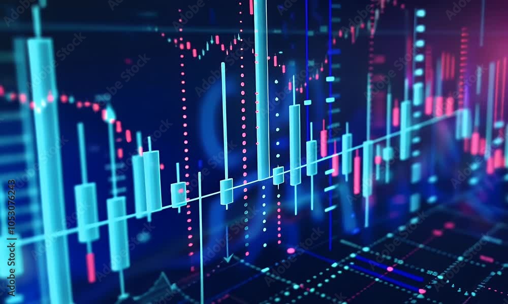 Poster a stock market graph with candles and bar charts on an abstract digital background, representing fin