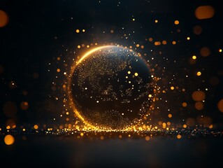 Glowing globe with sparkling particles on a dark background.